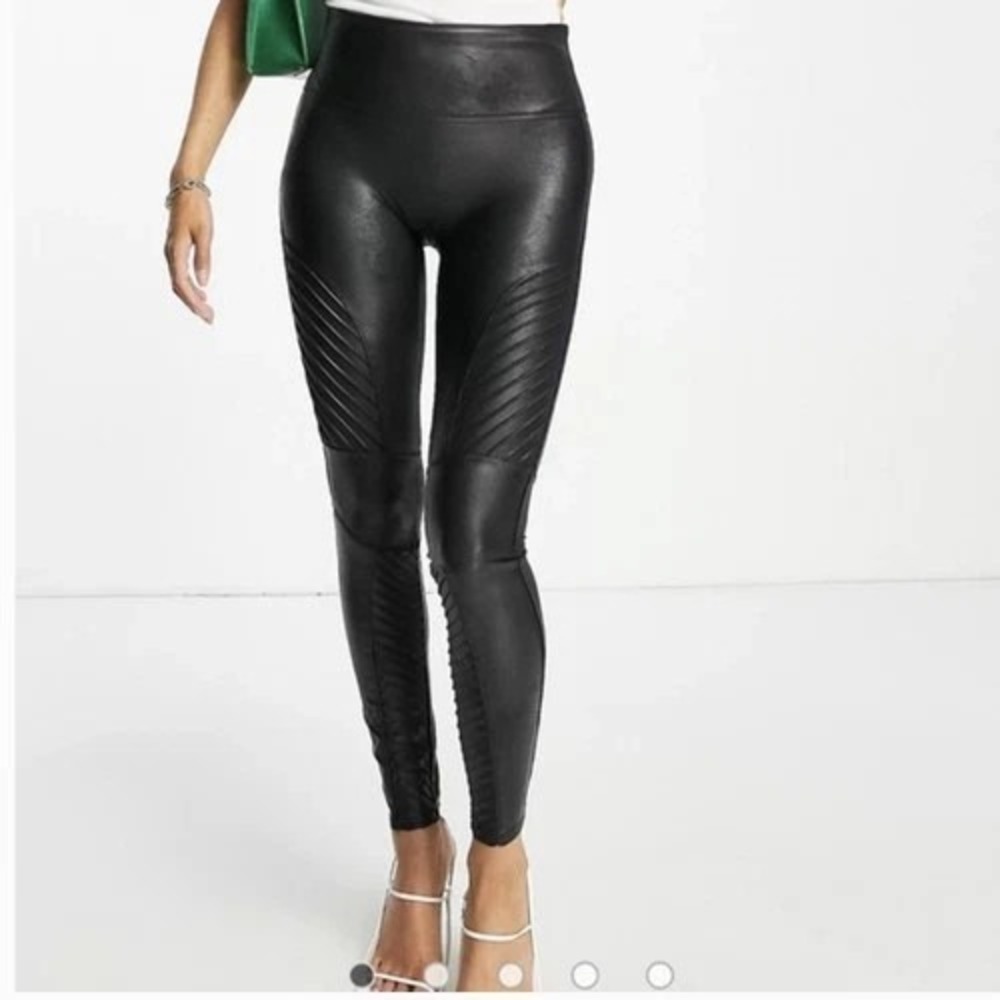 Spanx Faux Leather Moto Leggings Womens Size L Black Shaping Style 20136R